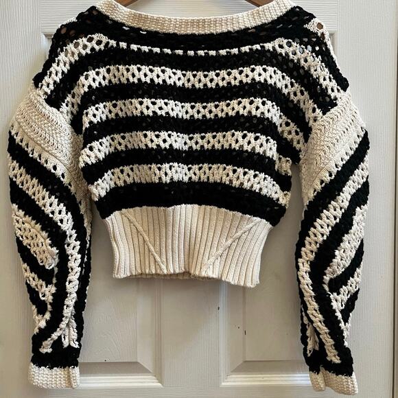 Zara Limited Edition Openwork Chunky Knit Striped Boho Chic Crop Sweater Medium - Picture 4 of 13
